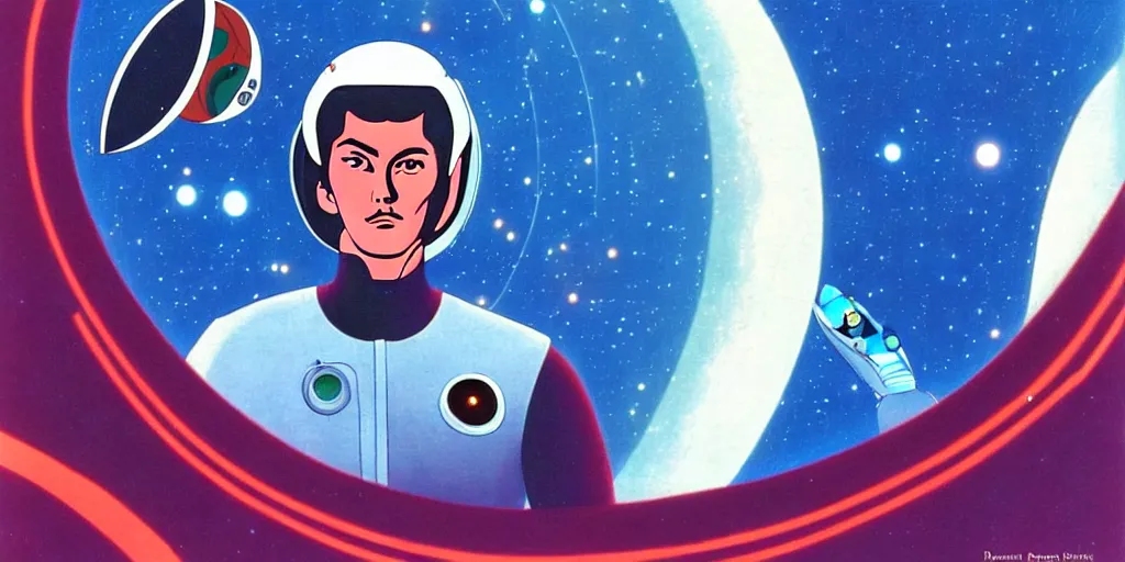 Image similar to a portrait of lonely single Alain Delon alone pilot in spacesuit posing in symmetrical spaceship station planet captain bridge outer worlds hyper contrast in FANTASTIC PLANET La planète sauvage animation by René Laloux