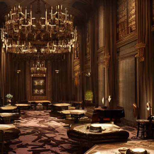 Image similar to upscale mysterious private auction, unnameable relics on display, moody lighting, extravagant details, lobby in the distance, elite