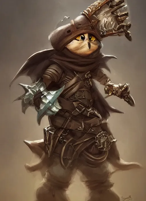 Image similar to cute little anthropomorphic rockfowl bandit wearing Karrus's shroud, tiny, small, miniature animal, baby animal, short, pale black armor, cute and adorable, pretty, beautiful, DnD character art portrait, matte fantasy painting, DeviantArt Artstation, by Jason Felix by Steve Argyle by Tyler Jacobson by Peter Mohrbacher, cinematic lighting