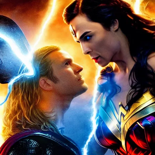 Prompt: thor and wonder woman in new york, fighting against villain electro, cinematic movie scene, epic fight, blue lightning, yellow lightning, photo, effects shot