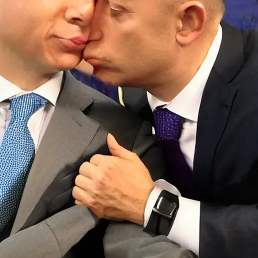 Image similar to benjamin netanyahu kissing naftali bennet, realistic, detailed