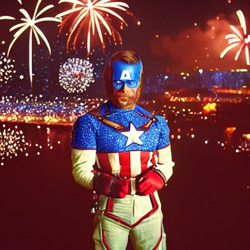Prompt: uhd hyperdetailed candid photo of cosmic chuck norris dressed as captain america, wearing extremely intricate costume. fireworks in background. photo by annie leibovitz