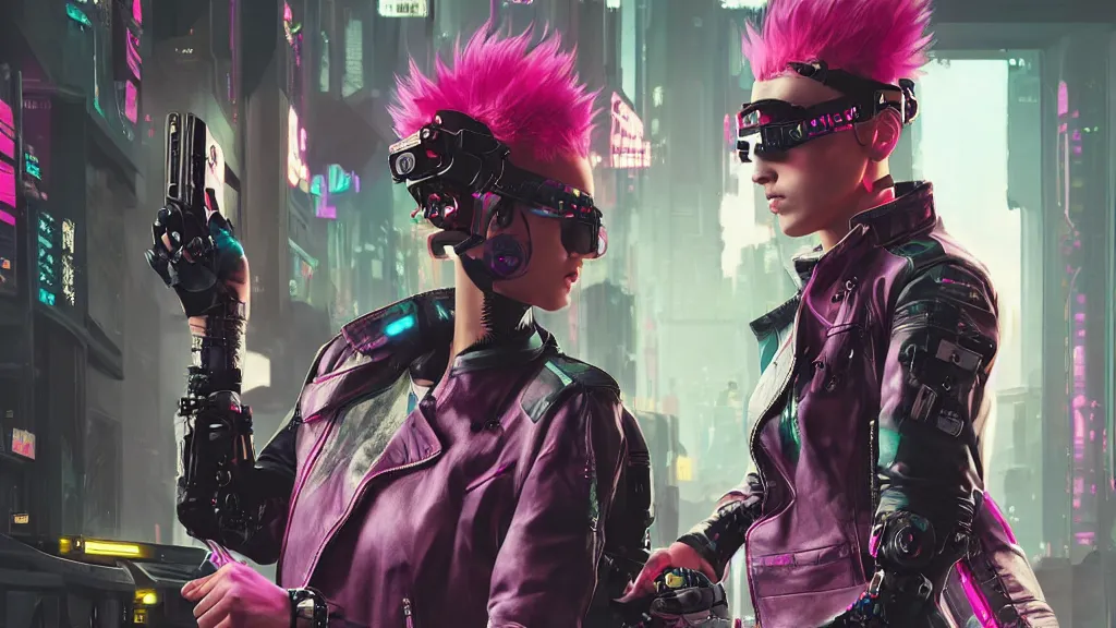 Prompt: A female cyberpunk character concept art from Cyberpunk 2077, pink Mohawk, futuristic virtual reality goggles, 1980s high collar leather jacket, torn shorts, by Stanley Artgerm Lau, WLOP, Rossdraws, James Jean, Andrei Riabovitchev, Marc Simonetti, trending on artstation