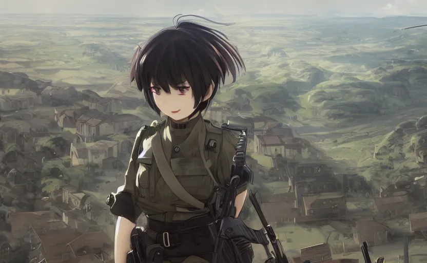 Image similar to panoramic view, girl, soldier clothing, battlefield in background, anime style, short hair, hair down, generate faces, realistic anatomy, symmetrical facial features, from arknights, hyper realistic, 4 k, extreme detail, detailed drawing, trending artstation, safebooru, realistic lighting, by alphonse mucha, greg rutkowski, anime eyes, sharp focus