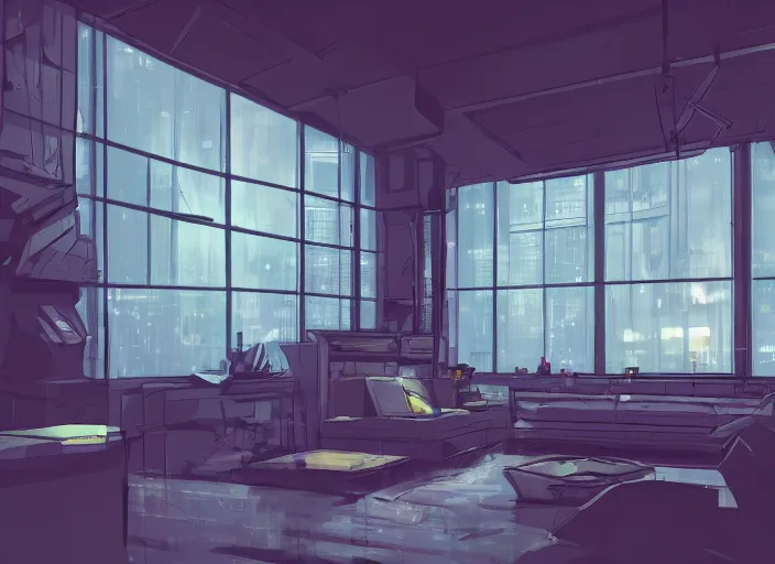 Image similar to interior design quiet loft, big windows, cyberpunk city, rainy day, night, science - fiction, samdoesarts, artstation