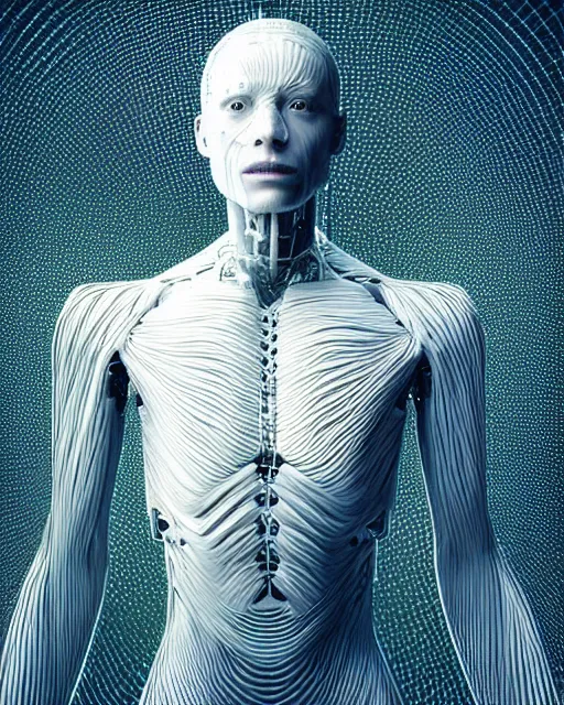 Image similar to a hyperrealistic painting of a human cyborg sitting in a chair with limbs stretched out, tied with electrical cables connected to infinite supercomputers, flood of images flowing from his head, tesseract, vitruvian man, 3 d render, octane, trending on artstation, concept art, insane details, zoomed out