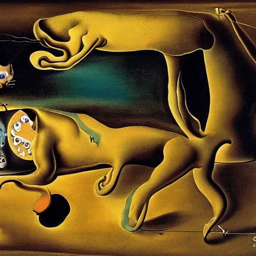 Image similar to the persistence of time painting by salvador dali, with melting cats instead of clocks