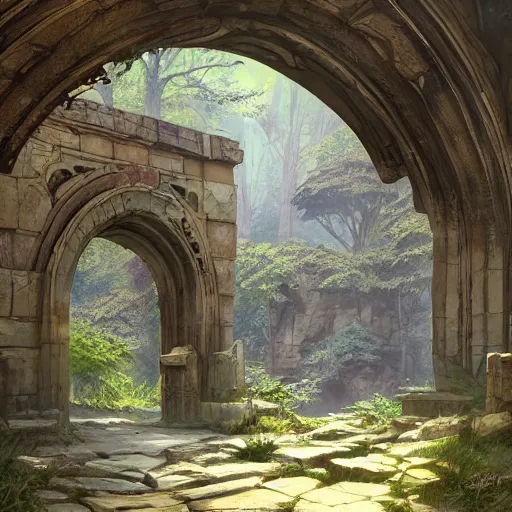 Image similar to concept art painting of an ornate ancient stone archway, in the woods, realistic, detailed, cel shaded, in the style of makoto shinkai and greg rutkowski and james gurney