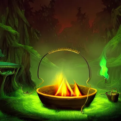 Image similar to a cauldron filled with a magical green glowing potion hanging above a campfire, night, fantasy, digital art, mysterious