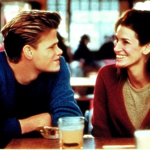 Image similar to Julia Roberts as a student sitting in a college pub, talking to the very handsome blond bartender and eating a big fish, stills photo from the movie Good Will hunting