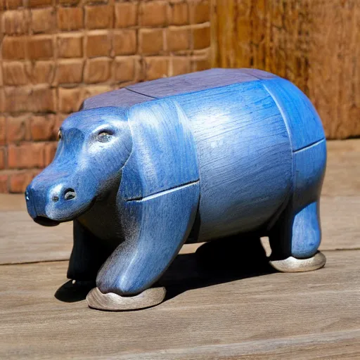 Prompt: wood block small hippo statue, wood blocks bottom hippo body, blue chrome top hippo body, by a genius craftsman, highly detailed, wood block legs