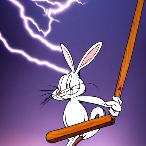 Prompt: Bugs Bunny swinging a mallet, 4k, trending on artstation, dramatic lightning, highly detailed, cinematic, illustration,