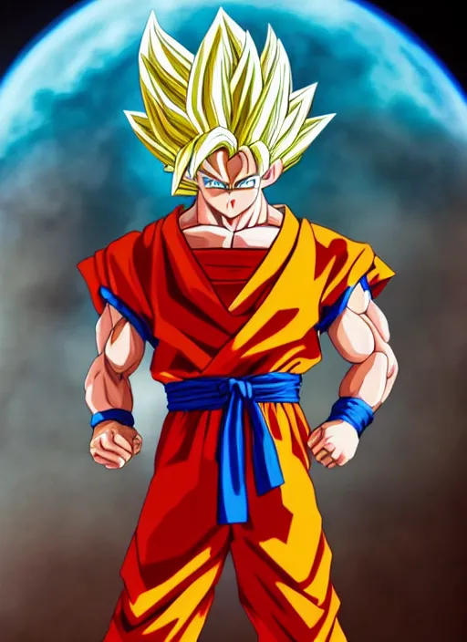 Image similar to a full portrait photo of super saiyan son goku, f / 2 2, 3 5 mm, 2 7 0 0 k, lighting, perfect faces, award winning photography.