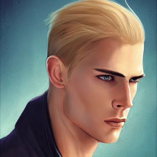 Image similar to a tall, lean man with light tan skin, blue eyes, and shoulder - length, slicked - back blonde hair combed down to the nape of his neck, long face with sunken cheeks and a well defined jawline, with vertical scars over his left eye, dressed casually, art by charlie bowater and artgerma