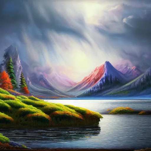 Prompt: bob ross painting, extreme realism, extremely detailed oil painting, highly detailed, abstract, 1 9 2 0's colored pencil art style, deep aesthetic, 8 k, highly ornate intricate details, cinematic lighting, rich colors, digital artwork, beautiful scenic view, ray tracing, hyperrealistic, photorealistic, cinematic landscape, trending on artstation, concept art,