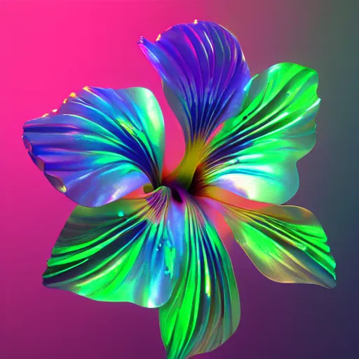 Image similar to an iridescent hibiscus by beeple and yusuke murata and makoto shinkai, 8 k, 3 d high resolution render, cinematic, unreal engine, featured on artstation, epic scale, volumetric lighting, ultra wide angle, intricate details, crystal, rainbow colors