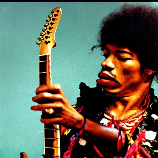 Prompt: jimi hendrix playing a lizard guitar, color photo, cinematic