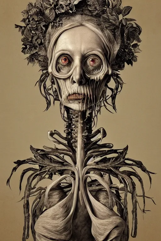 Image similar to Detailed maximalist portrait of a beautiful old woman with large lips and eyes, scared expression, botanical skeletal with extra flesh, HD mixed media, 3D collage, highly detailed and intricate, surreal illustration in the style of Caravaggio, dark art, baroque, centred in image