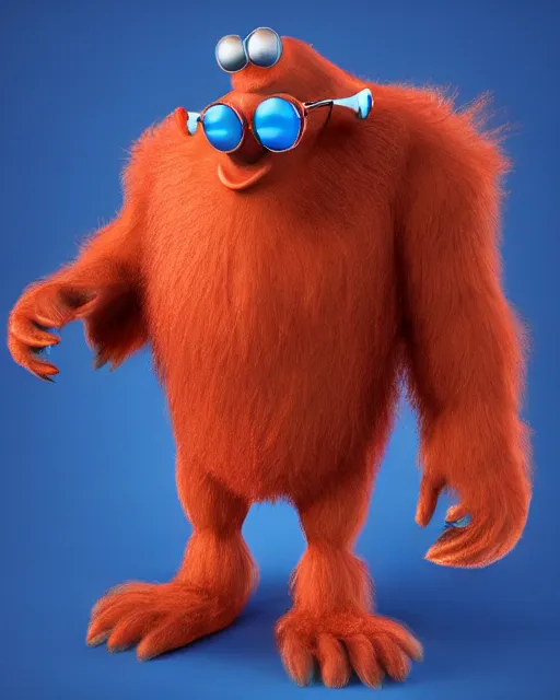 Image similar to 3 d render of completely red hairy friendly antropomorphic cartoony creature wearing chrome shades, similar to jake sully, without nose, full body, simple, cute, white background, unreal engine 5, octane render, highly detailed hdr