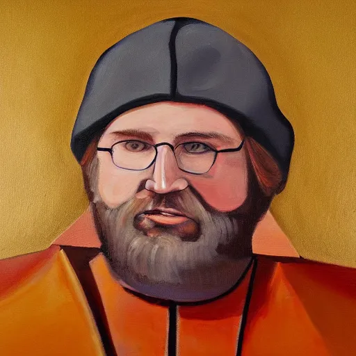 Prompt: Saint Gabe Newell. Oil, Painting.