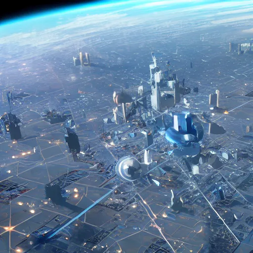 Image similar to gigantic city seen from spce with cinematic light, 8 k landscape render, space station flying in the sky