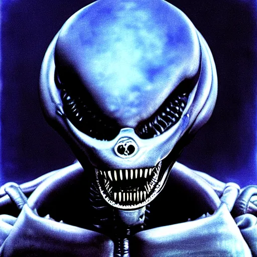 Prompt: a xenomorph looking menacingly at the camera, dramatic blue lighting, night, painted by h. r. giger