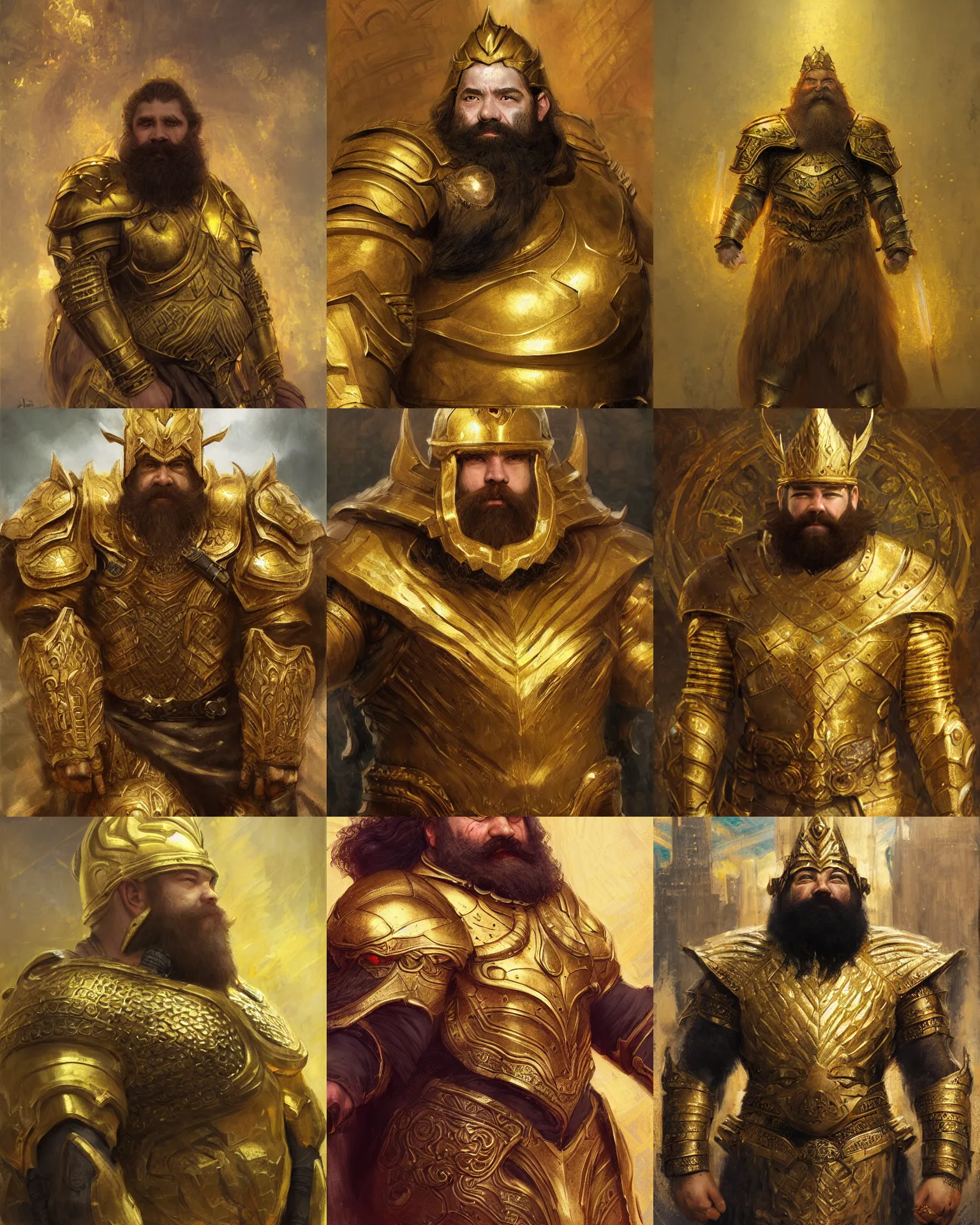 Prompt: an imposing bearded dwarven king in full golden and mithril armor by Edgar Maxence and Ross Tran