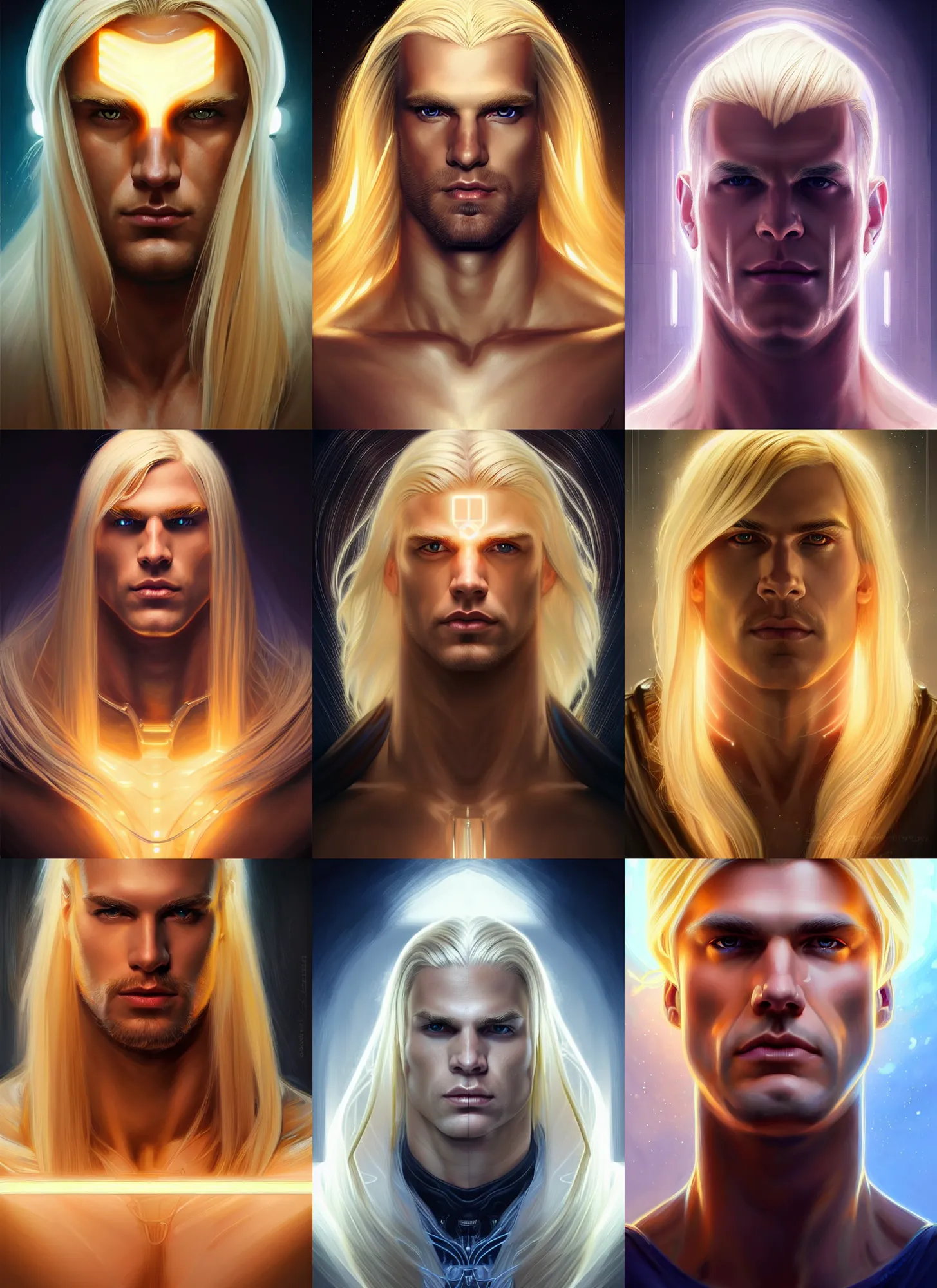 Prompt: symmetry portrait of an evil blond beefy german male cyborg with very long blond hair, clean shaven!!!!, sci - fi, glowing lights intricate, elegant, highly detailed, digital painting, artstation, concept art, smooth, sharp focus, illustration, art by artgerm and greg rutkowski and alphonse mucha