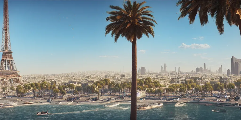 Prompt: the beautiful bustling city of paris rebuilt as a coastal city in california, beautiful weather, palm trees, splendid haussmann architecture, eiffel tower in the middle, digital painting, highly detailed, intricate, concept art, matte painting, trending on artstation, octane render, 8 k, unreal engine