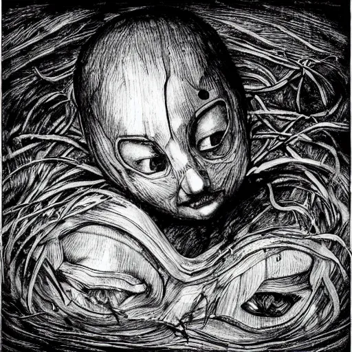 Image similar to found footage of floating mask in abandoned house. b & w grainy. children illustration. art by gustav dore - andy riley