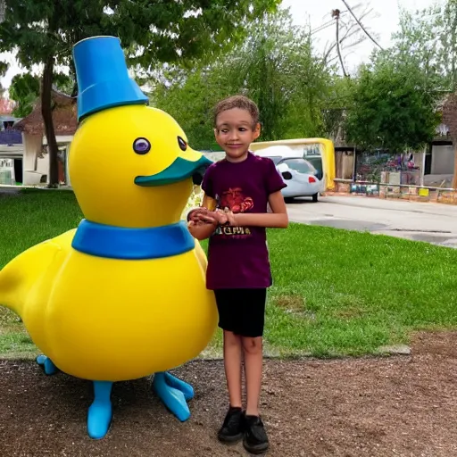 Image similar to a yellow human sized duck standing next to a children's lemonade stand