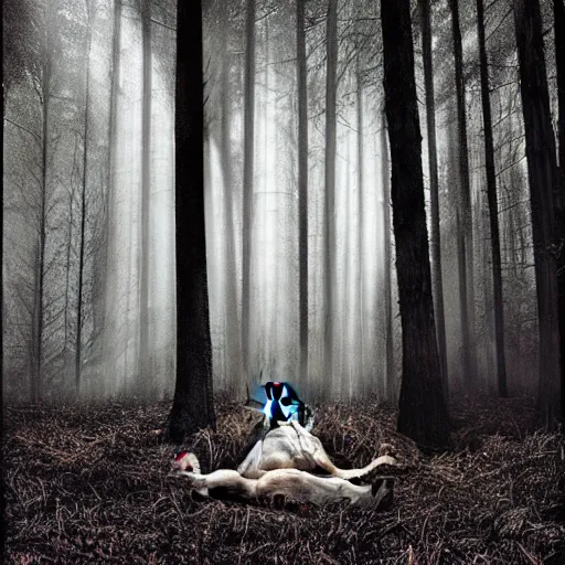 Image similar to A beautiful digital art of a man's head is floating in the air, surrounded by a halo of light. His eyes are wide open and his mouth is gaping in a scream. His hair is wild and his clothes are in tatters. Behind him is a dark, ominous forest. by Arthur Elgort subdued, ornamented