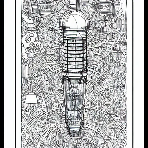 Image similar to Simplistic coloring book of a turbine blueprint, black ball pen on white paper, by Josan Gonzalez and Geof Darrow