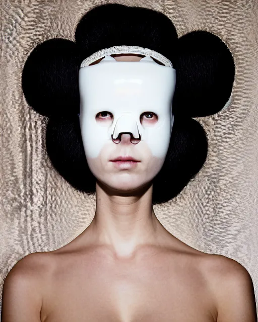 Image similar to portrait of a woman wearing a white embroidered translucent silicone mask and white frizzy hair buns, wearing a black bodysuit by alexander mcqueen, cream white background, soft diffused light, biotechnology, humanoide robot, bjork aesthetic, translucent, by rineke dijkstra, intricate details, highly detailed, masterpiece,