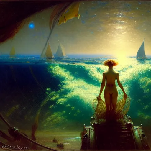 Image similar to point of view of deep in the ocean looking up, you see fishes, the milk way, night time, midnight, no sunlight. highly detailed painting by gaston bussiere, greg rutkowski 8 k