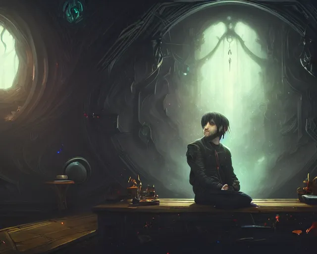 Prompt: a 4 k cinematic screenshot still portrait of a emo in a dark liminal space room listening to music wearing headphones, deep focus, d & d, fantasy, intricate, elegant, highly detailed, digital painting, artstation, concept art, matte, sharp focus, illustration, dark fantasy style art, hearthstone, art by artgerm and greg rutkowski and alphonse mucha