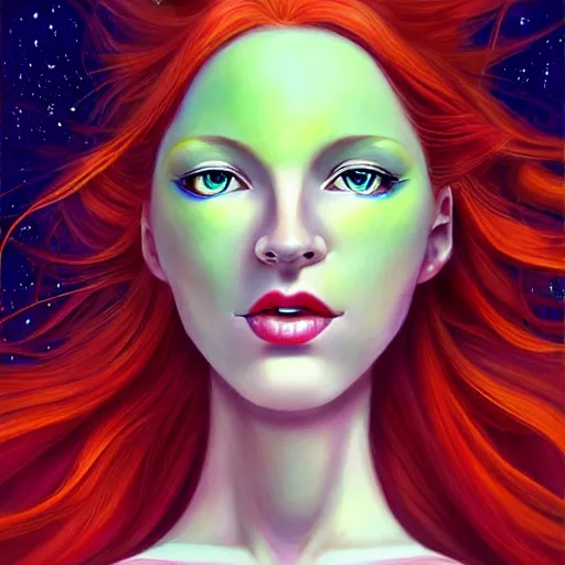 Image similar to Redhead Pleiadian alien human beautiful hybrid feminine woman, long gorgeous red hair in loose curls, with stunning green eyes, cute round face and a roundish nose, as a retro futuristic heroine, gorgeous digital painting, artstation, concept art, smooth, sharp focus, illustration, art by artgerm and donato giancola and Joseph Christian Leyendecker, Ross Tran, WLOP