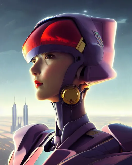 Image similar to beautiful delicate imaginative streamlined mecha neon genesis evangelion elegant futuristic close up portrait of a pilot female sitting with elegant deadly looks, armor with gold linings by ruan jia, tom bagshaw, alphonse mucha, futuristic buildings in the background, epic sky, vray render, artstation, deviantart, pinterest, 5 0 0 px models