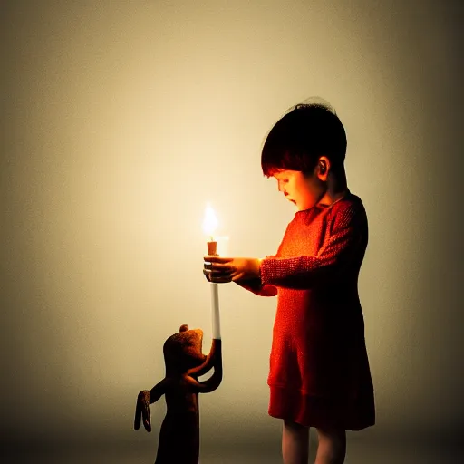 Prompt: a small child holding a candle in a room full of monsters, in the style of little nightmares, high detail, studio, smoke, sharp, studio, 8 5 mm sigma art lens