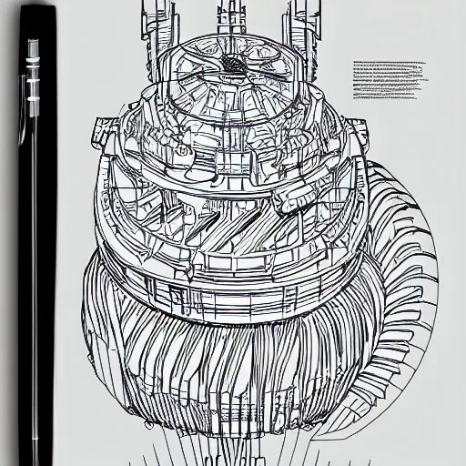 Image similar to Simplistic coloring book of a turbine blueprint, black ball pen on white paper, by Josan Gonzalez and Geof Darrow