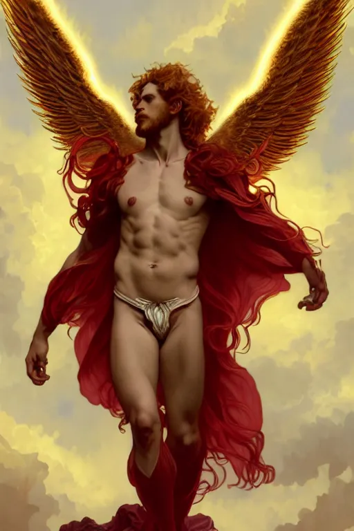 Image similar to symmetrical fullbody portrait of a beautiful young fit male angel with curly blond hairs, fulldressed in long fluent red clothes, majestic big demon wings, luminous fire halo, by greg rutkowski and alphonse mucha, gradient white to gold, in front of an hellish landscape background, highly detailed portrait, digital painting, artstation, concept art, smooth, sharp focus illustration