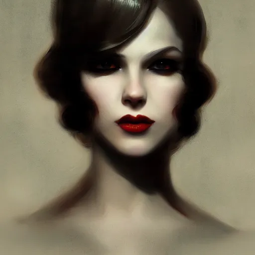 Image similar to femme fatale, beautiful young woman, 1 9 2 0 s, high detail, dramatic light, digital art, dark, painted by seb mckinnon and greg rutkowski, trending on artstation