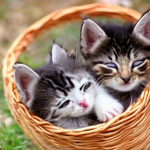 Image similar to two kittens sleeping in a basket, happy, cute