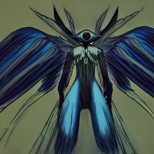 Image similar to 4K photo of mothman with giant wings , flawless anime cel animation by Manabu Oshashi and Satoshi Kon, professionally post-processed , beautiful, scary, symmetry accurate features, epic, octane rendered, anime masterpiece, accurate