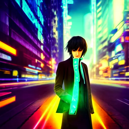 Prompt: lelouch lamperouge in a neon city, octane render 8 k, photorealistic render, atmospheric render, beautiful face, realistic skin, professional photography, realistic reflections, eccentric man