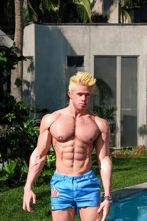Image similar to a handsome lean bodybuilder with blonde hair who is also a male android robot, chris redfield, muscular, wearing a cut-off white crop top and short light orange shorts stands by a swimming pool, shiny skin, robotic