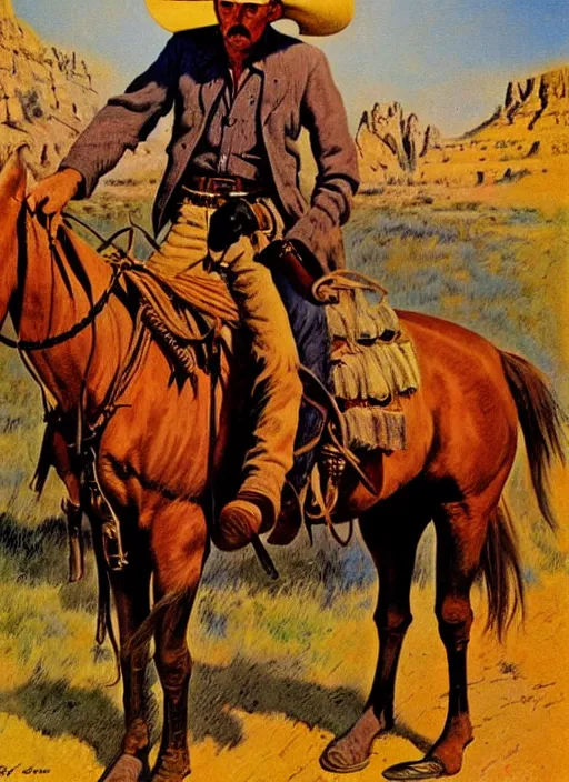 Prompt: old west horse rustler. portrait by jean giraud and anton otto fischer and john philip falter and will eisner and gil elvgren