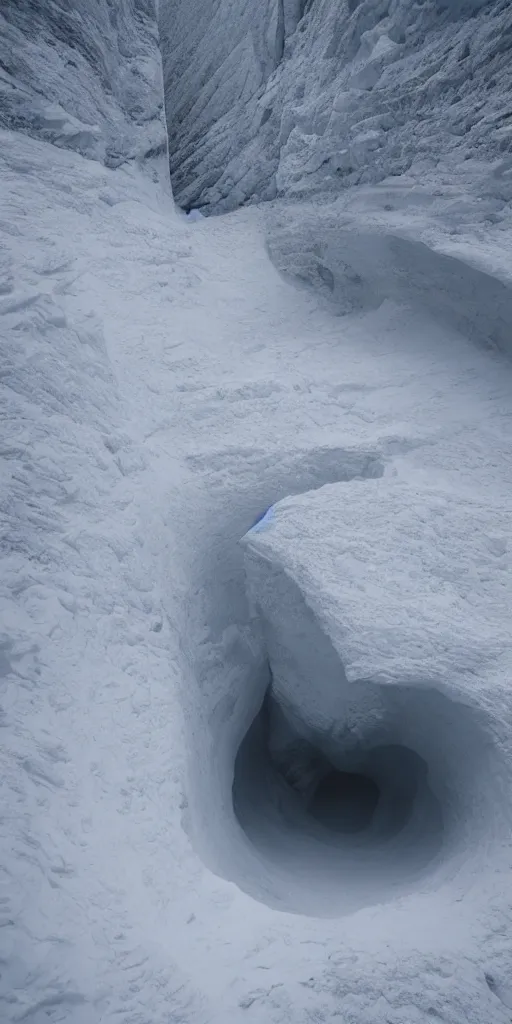 Prompt: a frozen canyon, minimalist structure, covered in ice, in the style of reuben wu, roger deakins