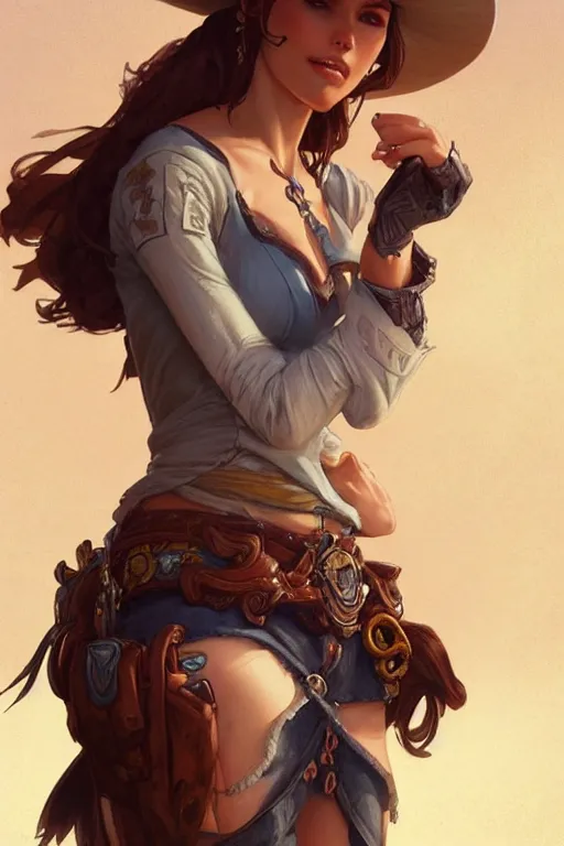 Image similar to beautiful female cowgirl, full body shot, d & d, fantasy, intricate, elegant, highly detailed, digital painting, artstation, concept art, matte, sharp focus, illustration, hearthstone, art by artgerm and greg rutkowski and alphonse mucha