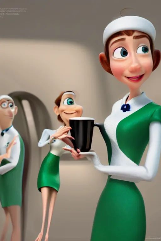 Prompt: portrait of female flight attendant green eyes holding white teacup with passengers in background, full body. pixar disney 4 k 3 d render funny animation movie oscar winning trending on artstation and behance, ratatouille style